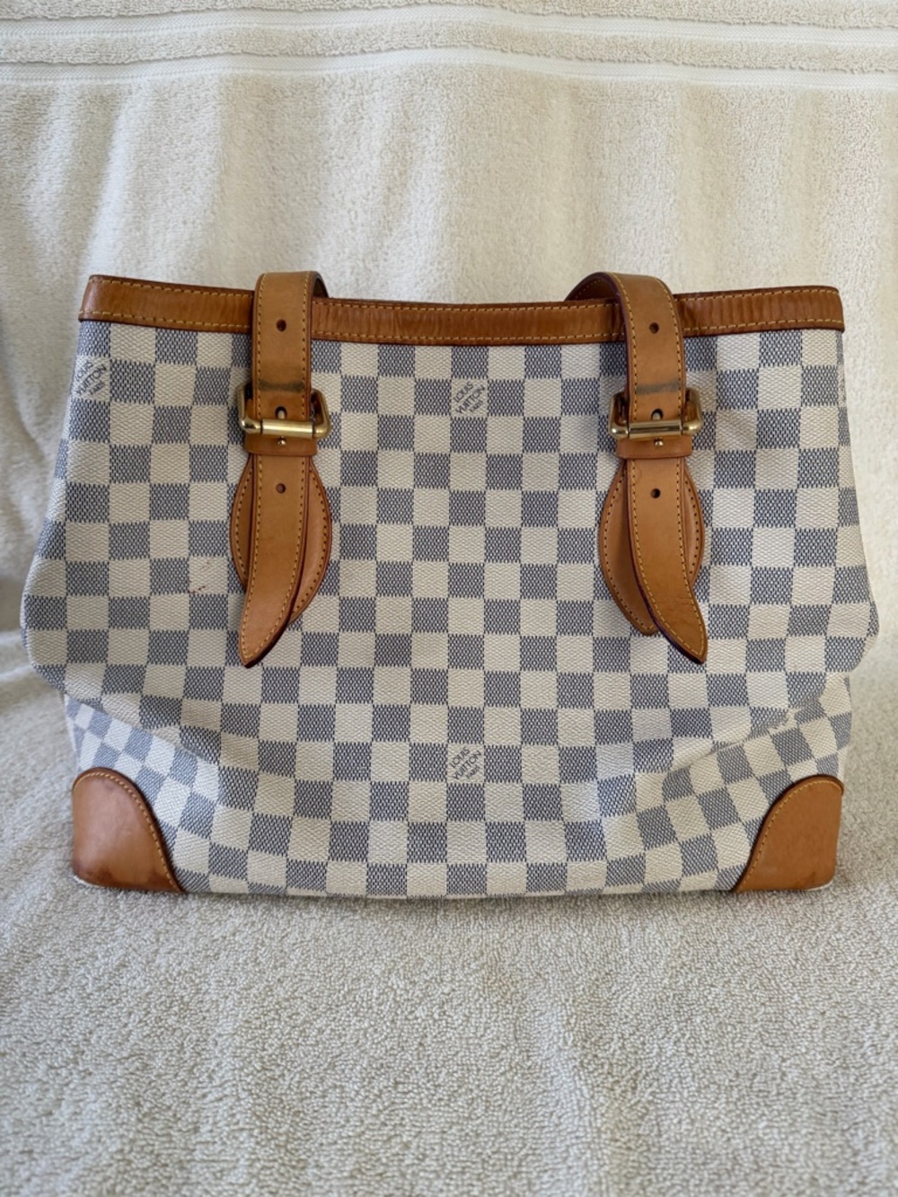 Louis Vuitton Damier Azur Hampstead MM Canvas Tote with Tan Leather Trim - Picture 2 of 12